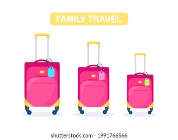 Three Red Modern Suitcases. Luggage For Family In Vacation. Mom, Dad And Daughter Or Son With Travel Bag. One Big Baggage And Two Little With Tag Name. Vector Illustration