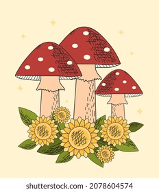 Three red mushrooms. Amanita, graphic elements for website. Plants in forest, flora, nature, outdoor. Autumn, seasonal yellow flower plant, green, fresh air. Cartoon flat vector illustration