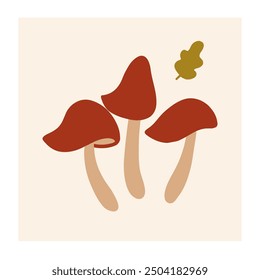 Three red mushrooms with brown stems and a small leaf in a neutral background