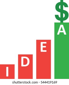 Three red, one green bar graph spelling idea with dollar symbol.