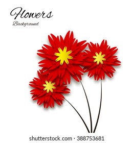 Three  red paper flowers on white background