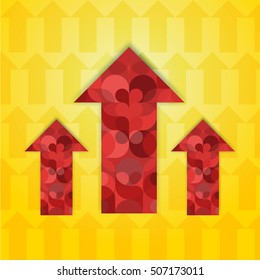 Three red patterned multi-colored arrows pointer up with a shadow on a yellow background in a modern flat style. Vector illustration.