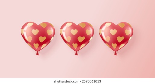 Three red and pink helium balloons in a pattern of golden hearts.