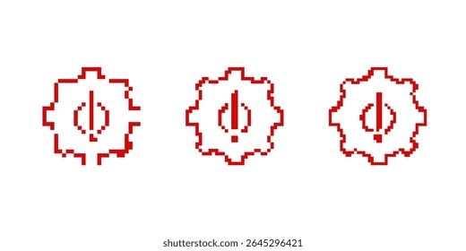 Three red pixel gear icons, each with a distinct design, in retro 8 bit style for game elements or ui.