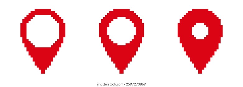 Three red pixelated map markers shown in simple geometric designs with bold, striking shapes.