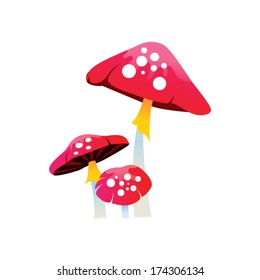 three red poisonous mushrooms with white dots isolated