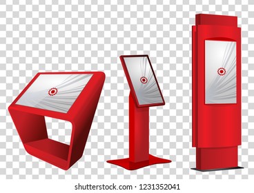 Three Red Promotional Interactive Information Kiosk, Advertising Display, Terminal Stand, Touch Screen Display isolated on transparent background. Mock Up Template.