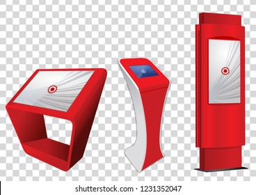 Three Red Promotional Interactive Information Kiosk, Advertising Display, Terminal Stand, Touch Screen Display isolated on transparent background. Mock Up Template.