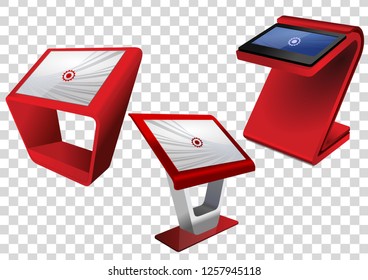 Three Red Promotional Interactive Information Kiosk, Advertising Display, Terminal Stand, Touch Screen Display isolated on transparent background. Mock Up Template.