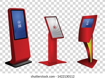 Three Red Promotional Interactive Information Kiosk, Advertising Display, Terminal Stand, Touch Screen Display isolated on transparent background. Mock Up Template.