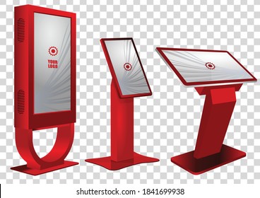 Three Red Promotional Interactive Information Kiosk, Advertising Display, Terminal Stand, Touch Screen Display isolated on transparent background. Mock Up Template.