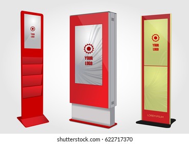 Three red Promotional Interactive Information Kiosk, Advertising Display, Terminal Stand, Touch Screen Display. Mock Up Template.