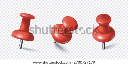 Three red push pins shown in different angles and positions, realistic graphic style, placed on a transparent checkered background. Concept of office tools. Vector illustration