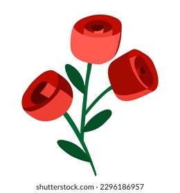 Three red rose with green leaves, stylized flower on a white background.