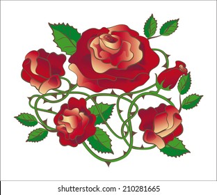 three red roses with buds and thorns