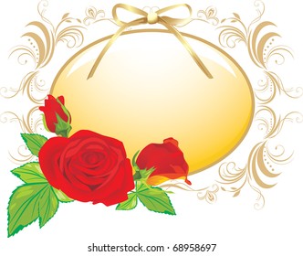 Three red roses and the decorative frame with golden bow. Vector