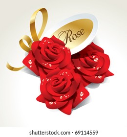 Three red roses in dewdrops with golden ribbon and paper sticker. Vector illustration.