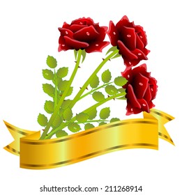 three red roses and gold ribbon  on a white background,vector illustration