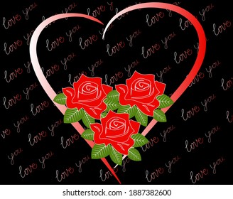 Tres rosas rojas en un marco cardíaco sobre un fondo negro con inscripciones. Ilustración del vector