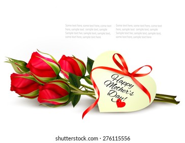 Three red roses with a heart-shaped Happy Mother's Day note and red ribbon. Vector.