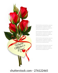 Three red roses with a heart-shaped Happy Mother's Day note and red ribbon. Vector.