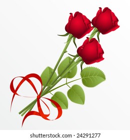 Three red roses on a white background