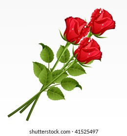 Three red roses on a white background