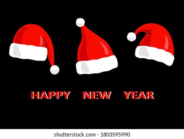 Three red Santa Claus caps on a black background. "Happy new year" lettering. New Year red hats. Bright contrasting card and elements for your design. Flat style. Vector illustration.