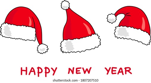 Three red Santa Claus caps isolated on a white background. "Happy new year" lettering. New Year red hats with black outline. Flat style for your Christmas design. Vector stock illustration. eps.8