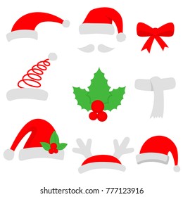 Three red santa hats and christmas stocking. Vector illustration.