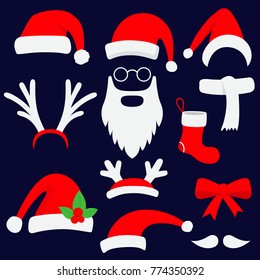 Three red santa hats, horns, mustache, beard and christmas stocking. Vector illustration.