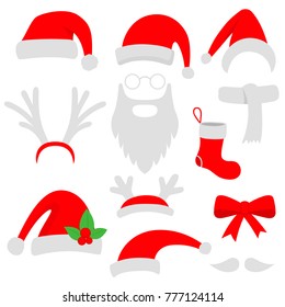 Three red santa hats, horns, mustache, beard and christmas stocking. Vector illustration.