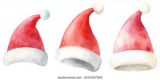 Three red santa hats with white trim. The hats are all different sizes and are positioned at different angles