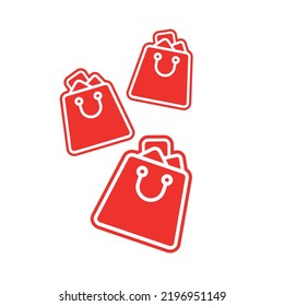 Three red shopping carts or shopping bags filled with groceries isolated separately on white background. Abstract flat design set. Icons for your business in the field of selling anything. Vector EPS
