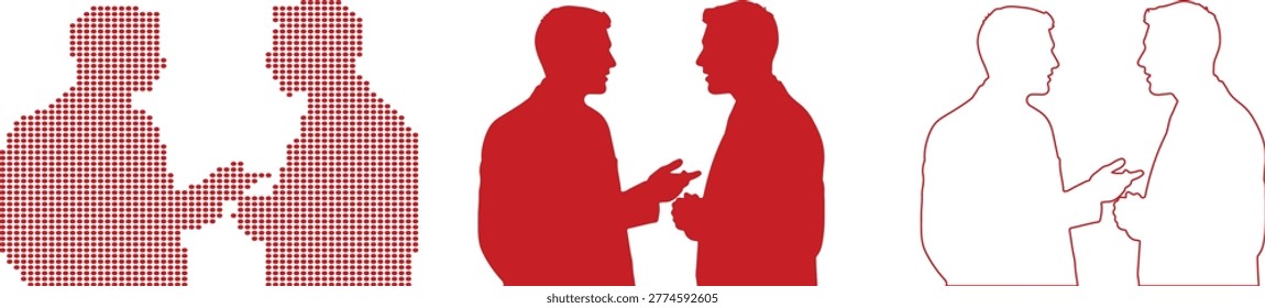 Three Red Silhouettes of Two Men Talking on White Background male conversation