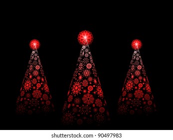 Three red snowflake Christmas trees with red stars on a black background