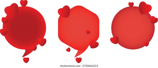 Tres burbujas rojas del discurso con los corazones en un fondo blanco para los diseños de la tarjeta de felicitación del día de San Valentín.