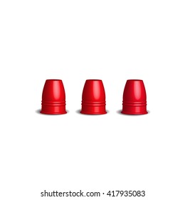 Three red stainless cups, Magic cup game, 3d Vector illustration.