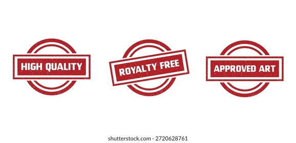 Three red stamps with white text indicating high quality royalty free approved art on a plain white background silhouette