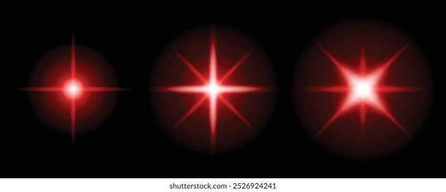 Three red starshaped light effects on black background. Suitable for graphic design projects, holiday themes, and festive designs.