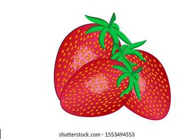 Three red strawberries with leaves on a white background. Sweet fruit. Fresh red ripe mellow strawberry. Sweet and healthy food. For fabric, paper, label, menu, cover, wrap, poster.vector illustration