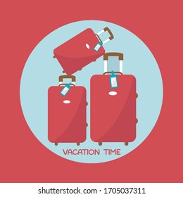 three red suitcase icon vector in airport. adventure family luggage. vacation time symbol. set emblem baggage in summer holiday. tag name sign for Travel & trip flat design. enjoy your journey graphic