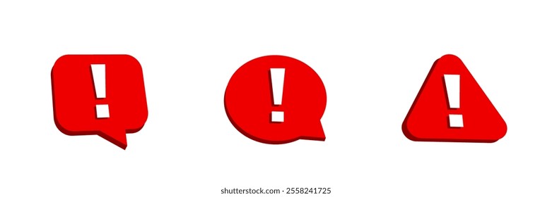 Three red symbols featuring exclamation marks within a speech balloon, circle, and triangle, representing different types of alerts or warnings.