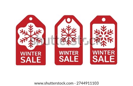 Three red tags with snowflakes and winter sale text isolated on white background