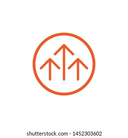 three red thin arrows up in circle icon. Isolated on white. Upload icon.  Upgrade sign. Growth symbol. North pointing arrow.