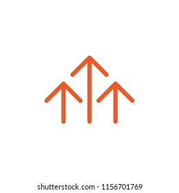 three red thin arrows up icon. Isolated on white. Upload icon.  Upgrade sign. Growth symbol. North pointing arrow.