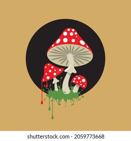 Three red toadstools with white polka dots. Bright mushrooms.