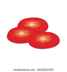 Three red tomato slices, each with a radial gradient and small highlights, are slightly overlapping.