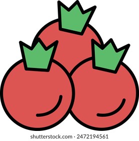 Three red tomatoes with green leaves on top. The tomatoes are arranged in a pyramid shape. The image has a playful and whimsical feel to it