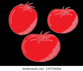 Three red tomatoes with a white contour on a black background. Vector illustration for kitchen accessories design, packaging, textiles